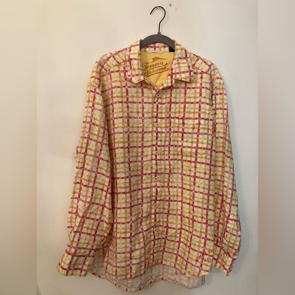 Tommy Bahama checker 100 percent linen button down size L